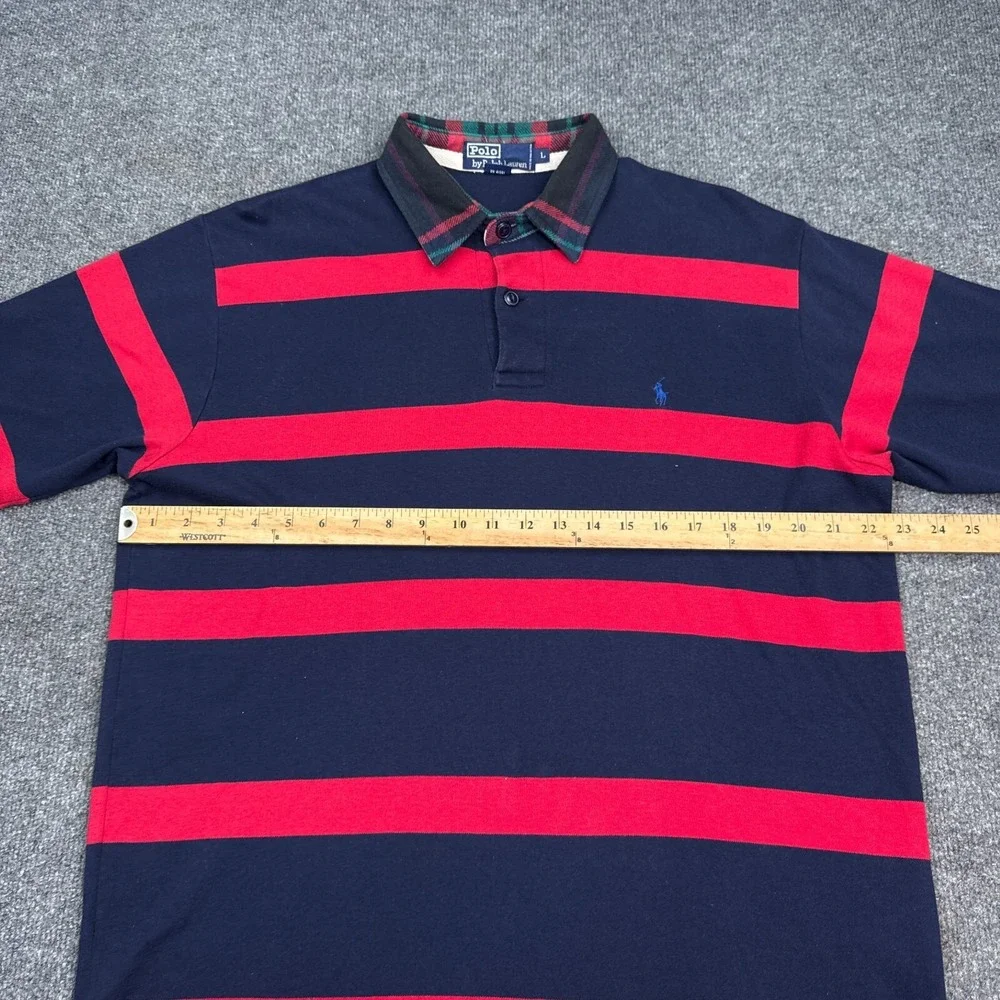 Vintage Ralph Laurn Polo Shirt Mens Size Large Flannel‎ Collar Blue Red Striped